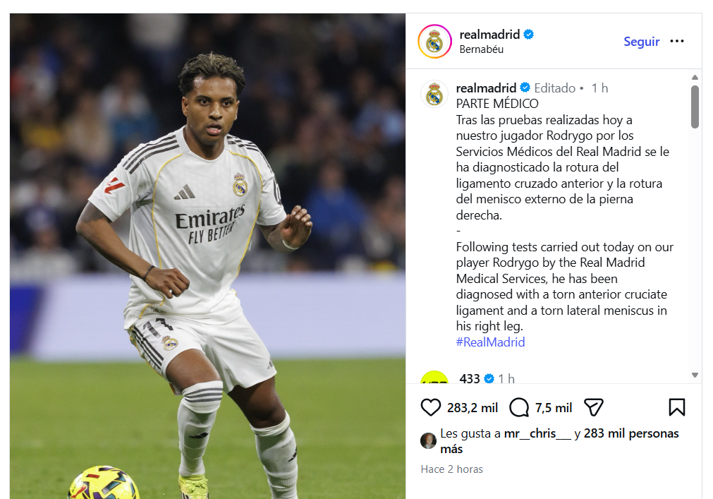 Rodrygo Goes sufre lesión en la rodilla