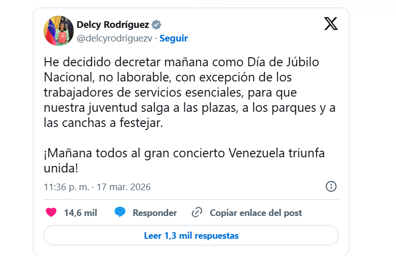 , Delcy Rodríguez, anunció este martes la declaración de día de júbilo nacional